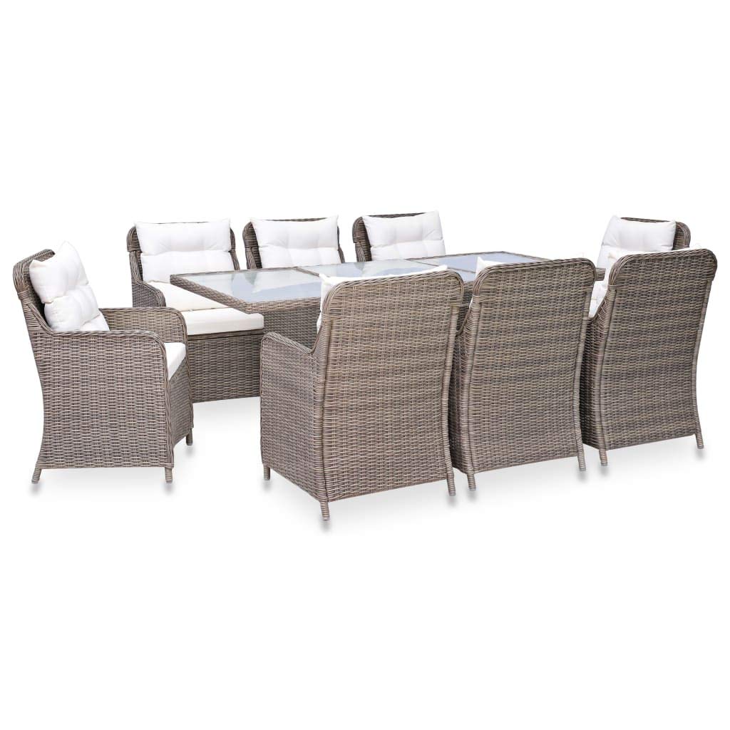 vidaXL 9-Piece Outdoor Patio Dining Set - Poly Rattan Garden Furniture Set - Robust Steel Frame - Comfortable Cushioning - Weatherproof & Waterproof - Brown and Cream White.