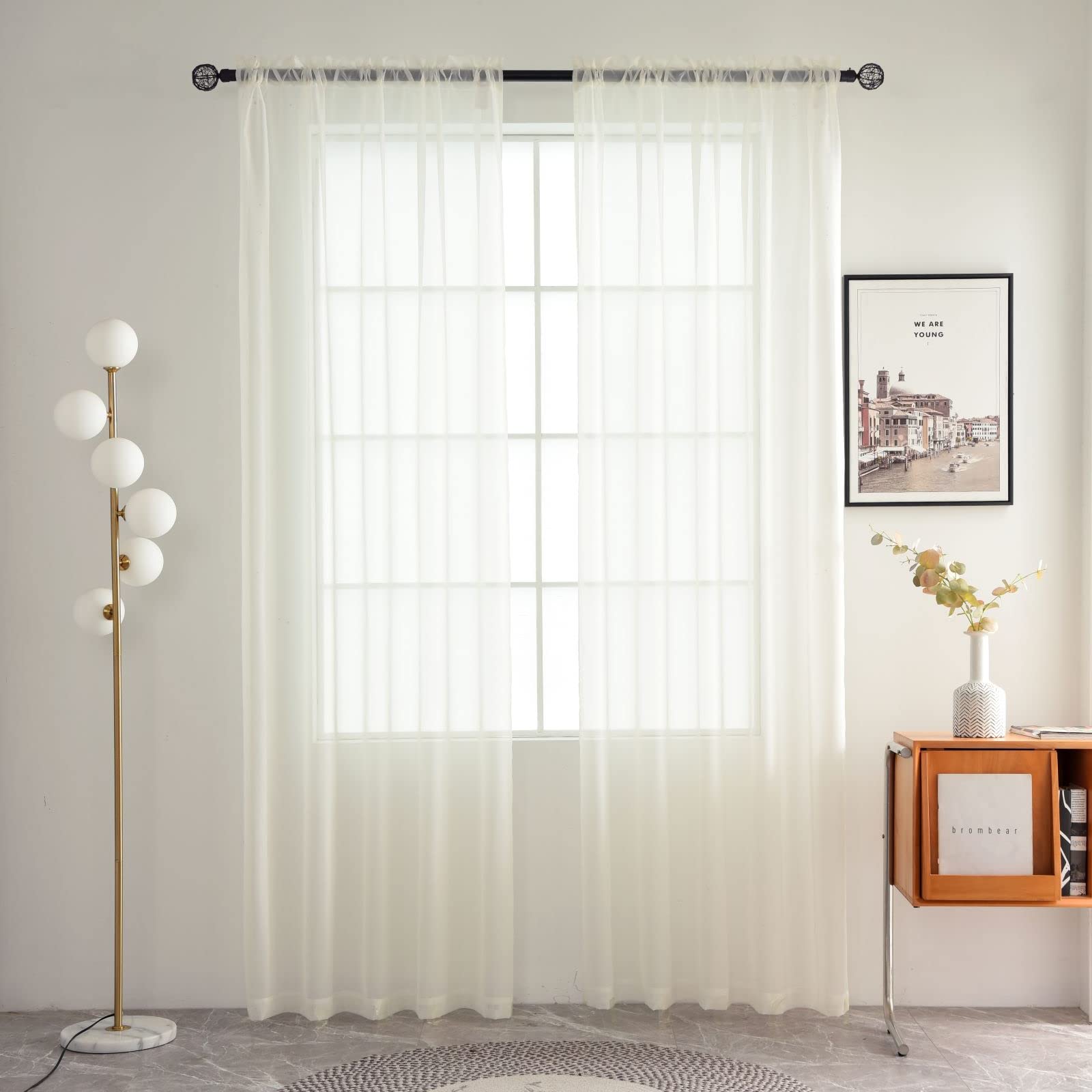 Spacedresser Ivory Sheer Curtains 4 Panels Rod Pocket Semi-Sheer Curtain 96 Inches Long Light Filtering Voile Window Drapes For
