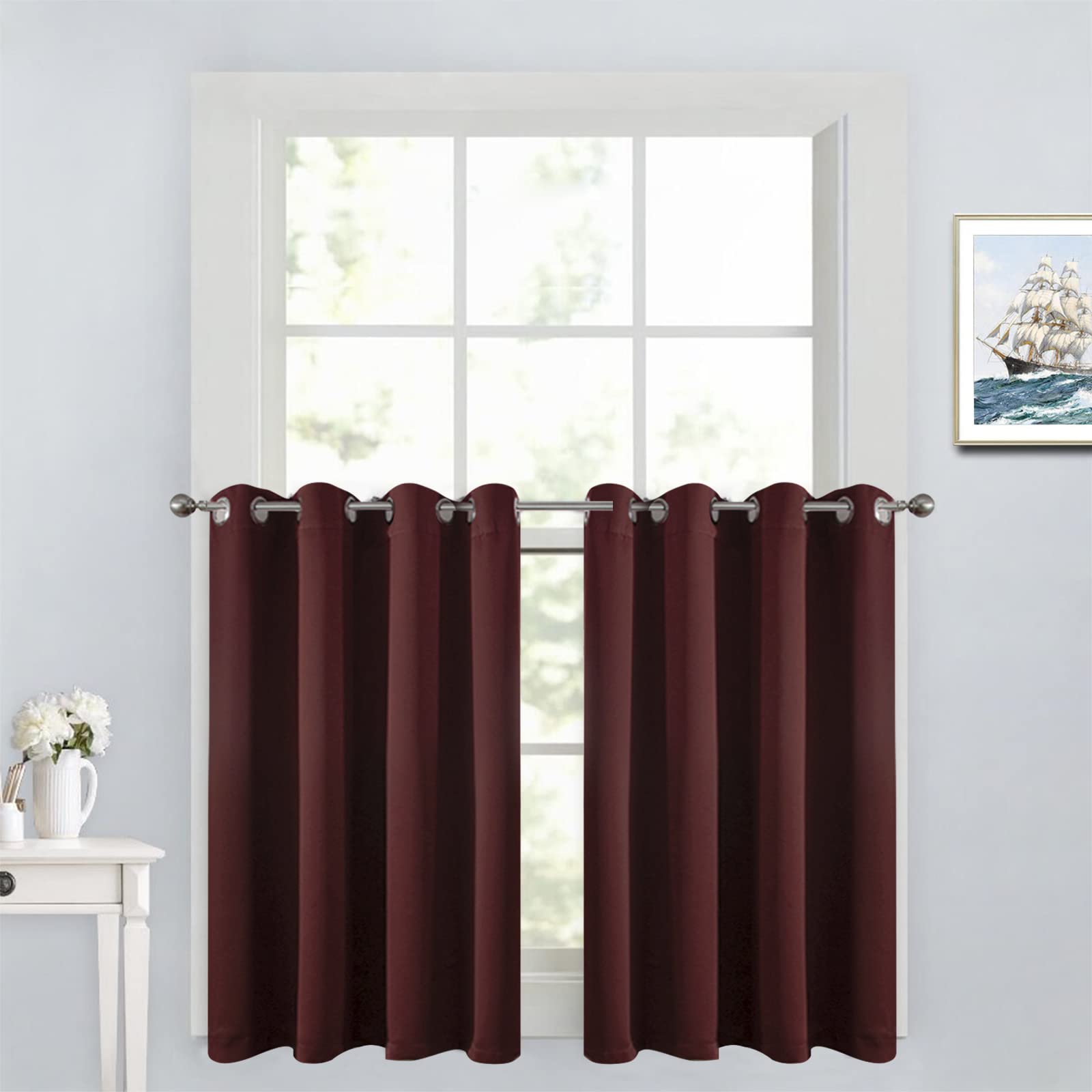 Yakamok 36 Inch Blackout Curtains For Kitchen, Grommet Sunlight Block Energy Saving Window Drapes For Bedroom Bathroom, Burgundy