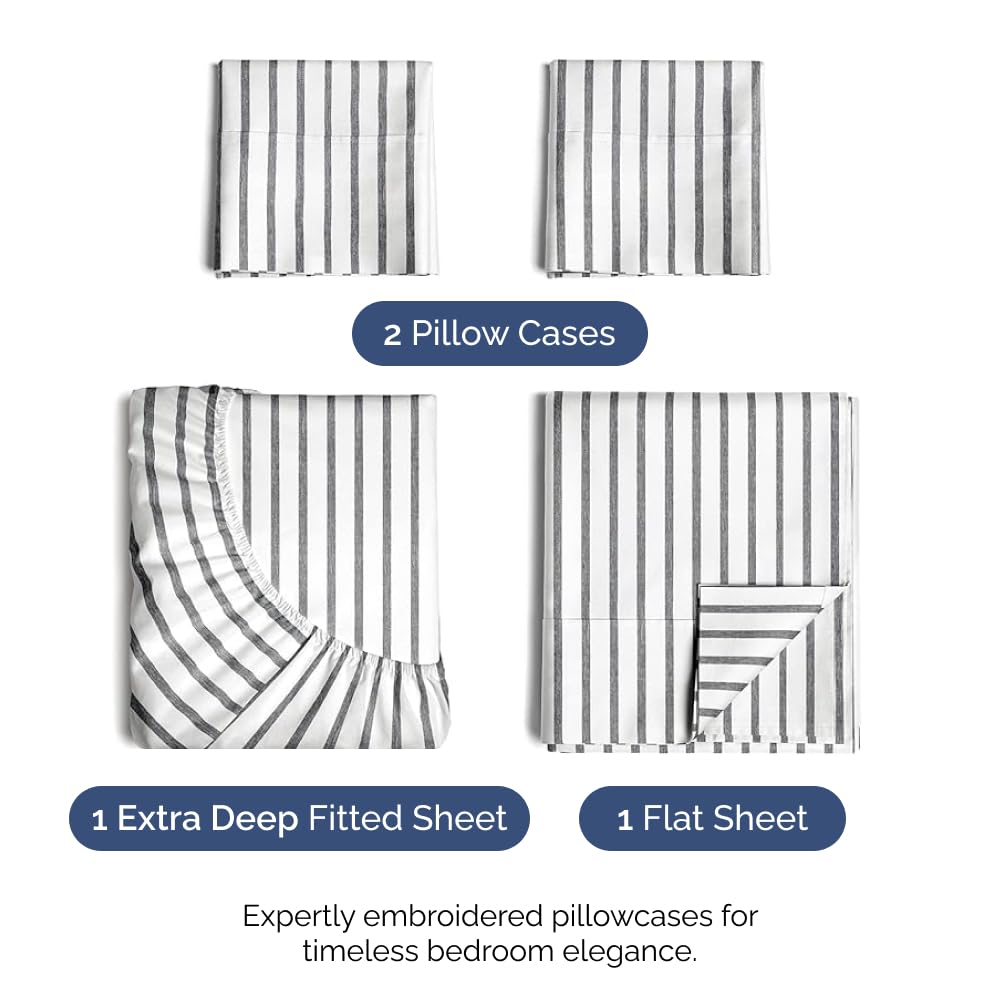 Extra Deep Pocket Cal King Sheets - 4 Piece Breathable & Cooling Bed Sheets - Hotel Luxury Bed Sheet Set - Soft, Wrinkle Free & Comfy - Easily Fits Extra Deep Mattresses - Grey Striped Sheets Set