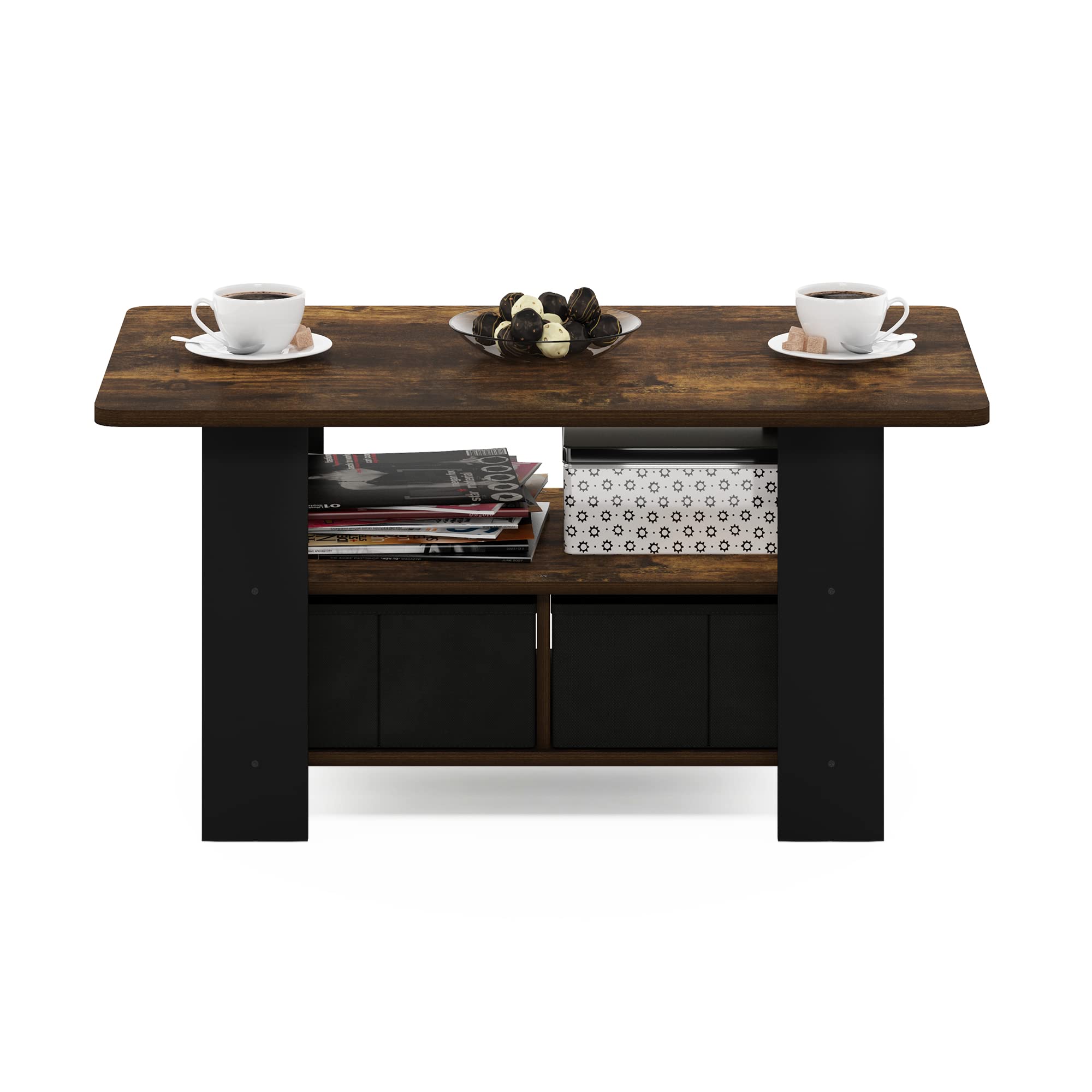 Furinno Andrey Coffee Table with Bin Drawer, Amber Pine/Black Small Non-Lift Top