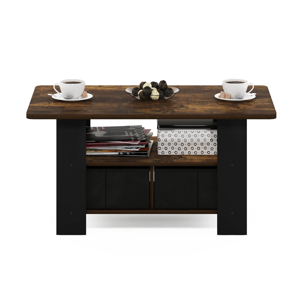 Furinno Andrey Coffee Table with Bin Drawer, Amber Pine/Black Small Non-Lift Top