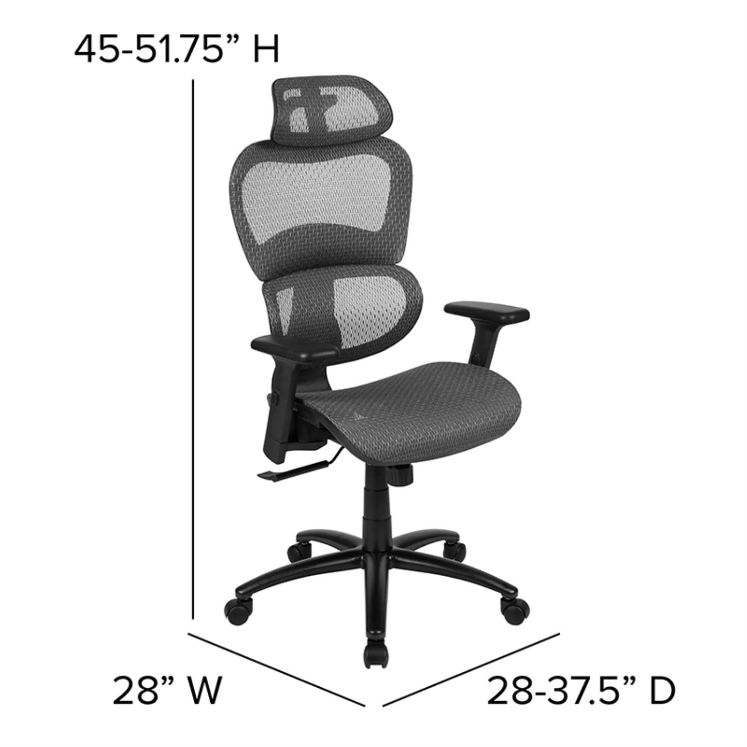 Flash Furniture Lo Ergonomic Mesh Office Chair With 2-To-1 Synchro-Tilt, Adjustable Headrest, Lumbar Support, And Adjustable Pivot Arms In Gray