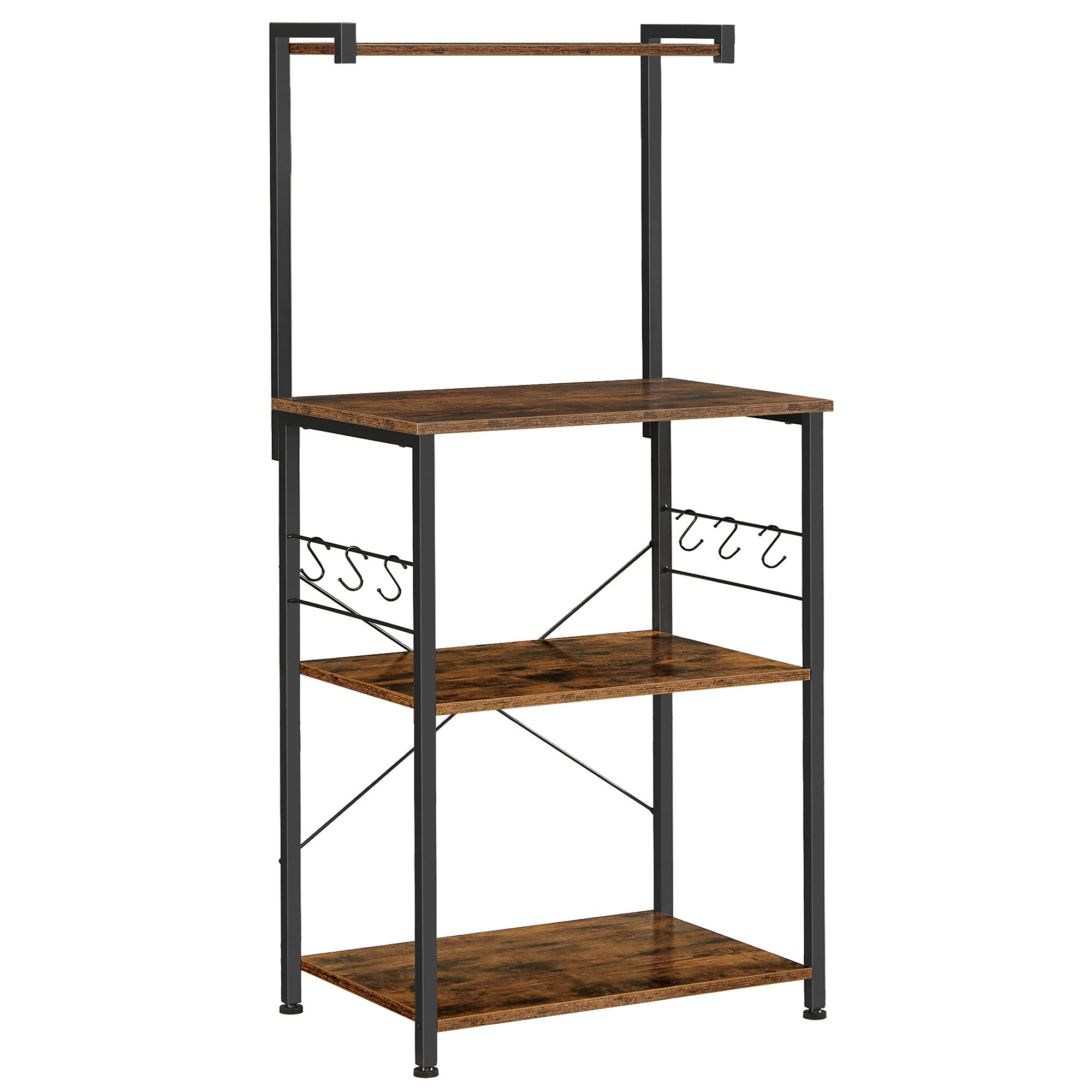 VASAGLE Kitchen Storage, Bakers Rack, Coffee Bar, 3-Tier Shelf, 6 S-Hooks, for Microwave, Spice Jars, Pots and Pans, Industrial,