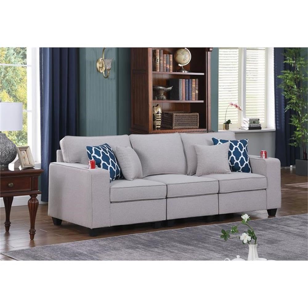 Lilola Home Cooper Light Gray Linen Sofa with Cupholder
