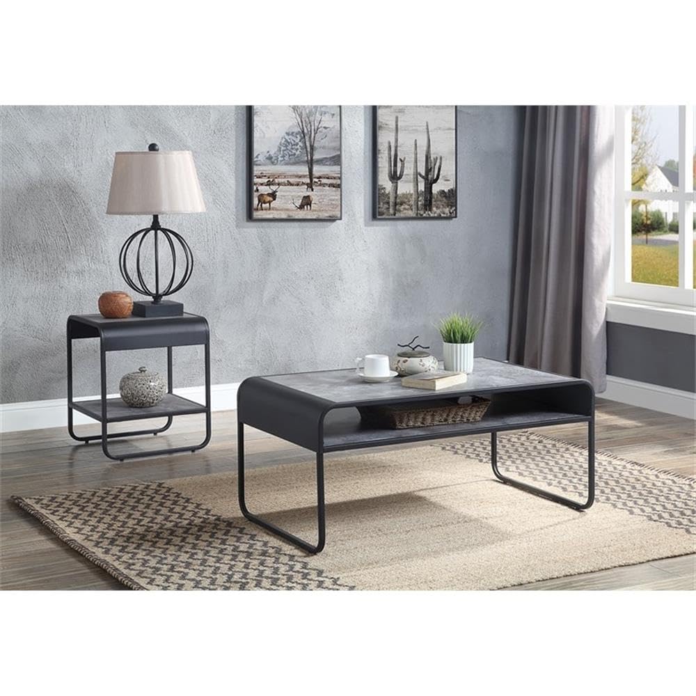 Acme Raziela Wooden End Table with Shelf in Concrete Gray and Black