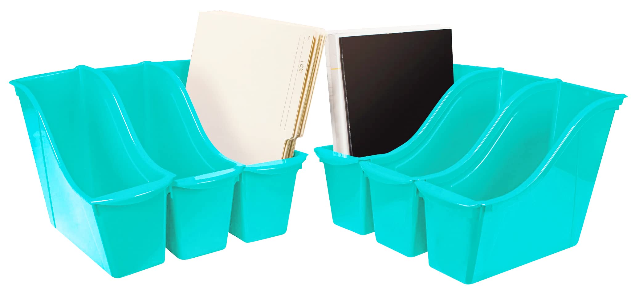 Storex Small Book Bin, Linking Storage Bin, Dry Erase Surface, 11.75' X 8.5' X 4.5' Stem Turquoise 6-Pack