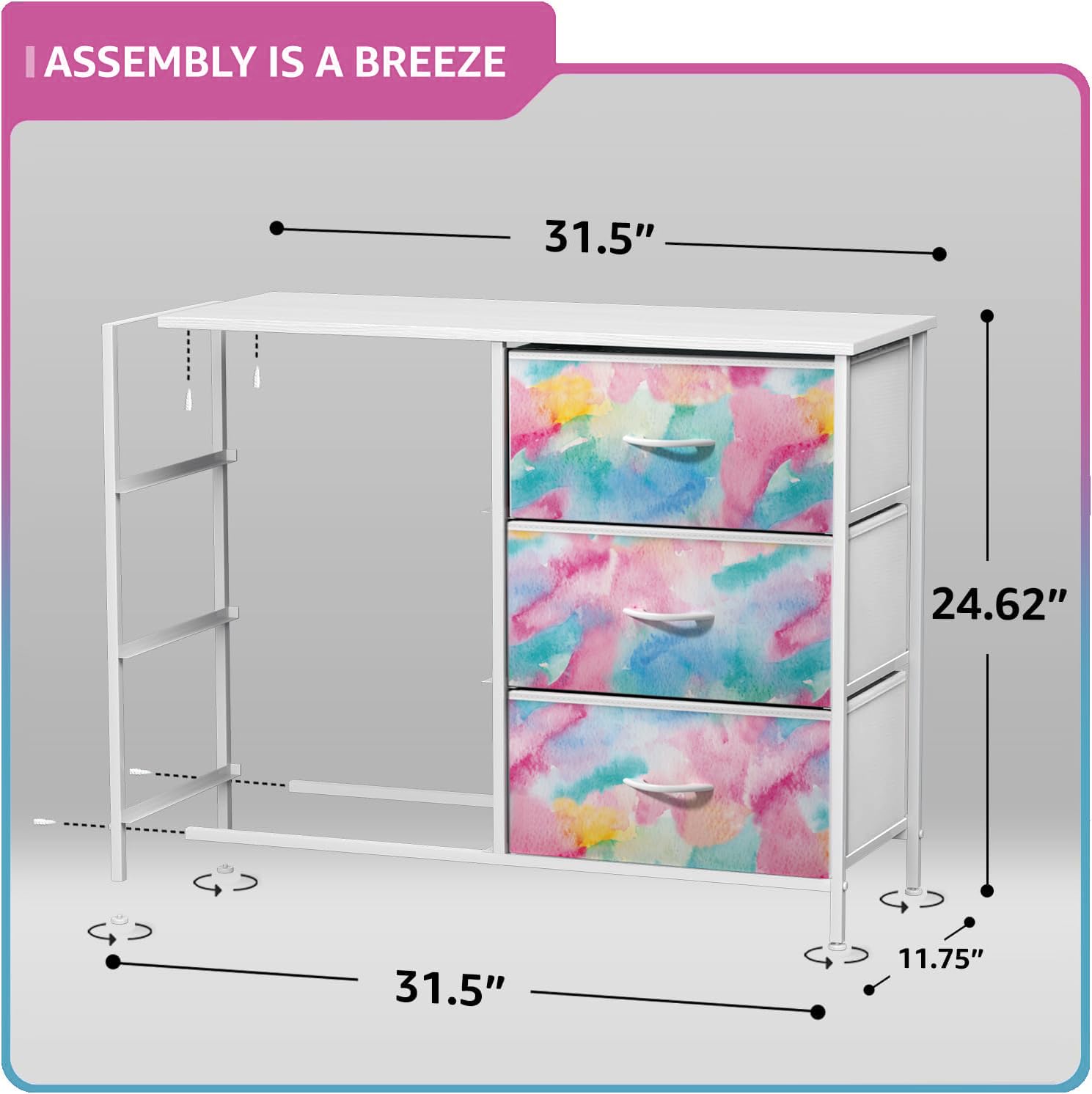 Sorbus Kids Dresser With 6 Drawers - Storage Chest Organizer Nightstand - Steel Frame, Wood Top, Tie-Dye Fabric Bins For Clothes - Wide Furniture For Bedroom, Hallway, Nursery, Closet, & Apartment