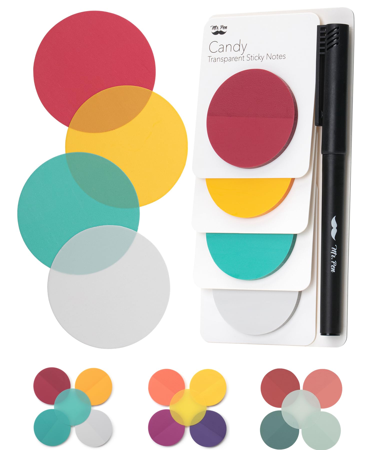 Mr. Pen- Transparent Sticky Notes, 200 Pcs, Candy Colors, Round Translucent Sticky Notes, Sticky Note Tabs, See Through Sticky N