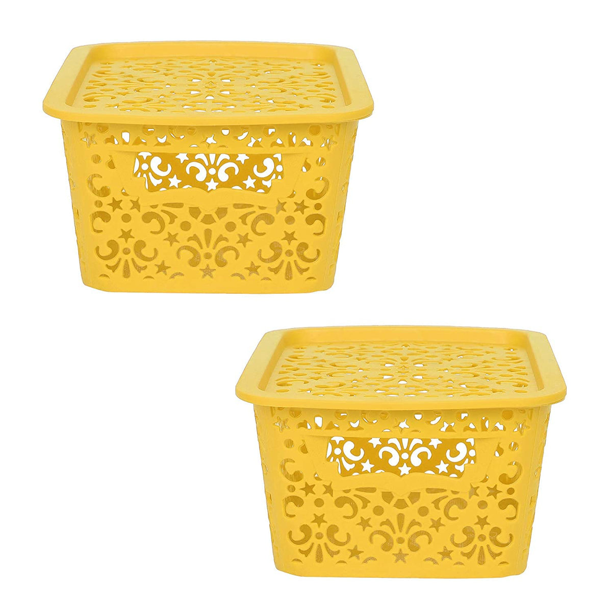 Cutting EDGE Plastic Turkish Storage Basket with Lid,Small,Yellow(Set of 2)