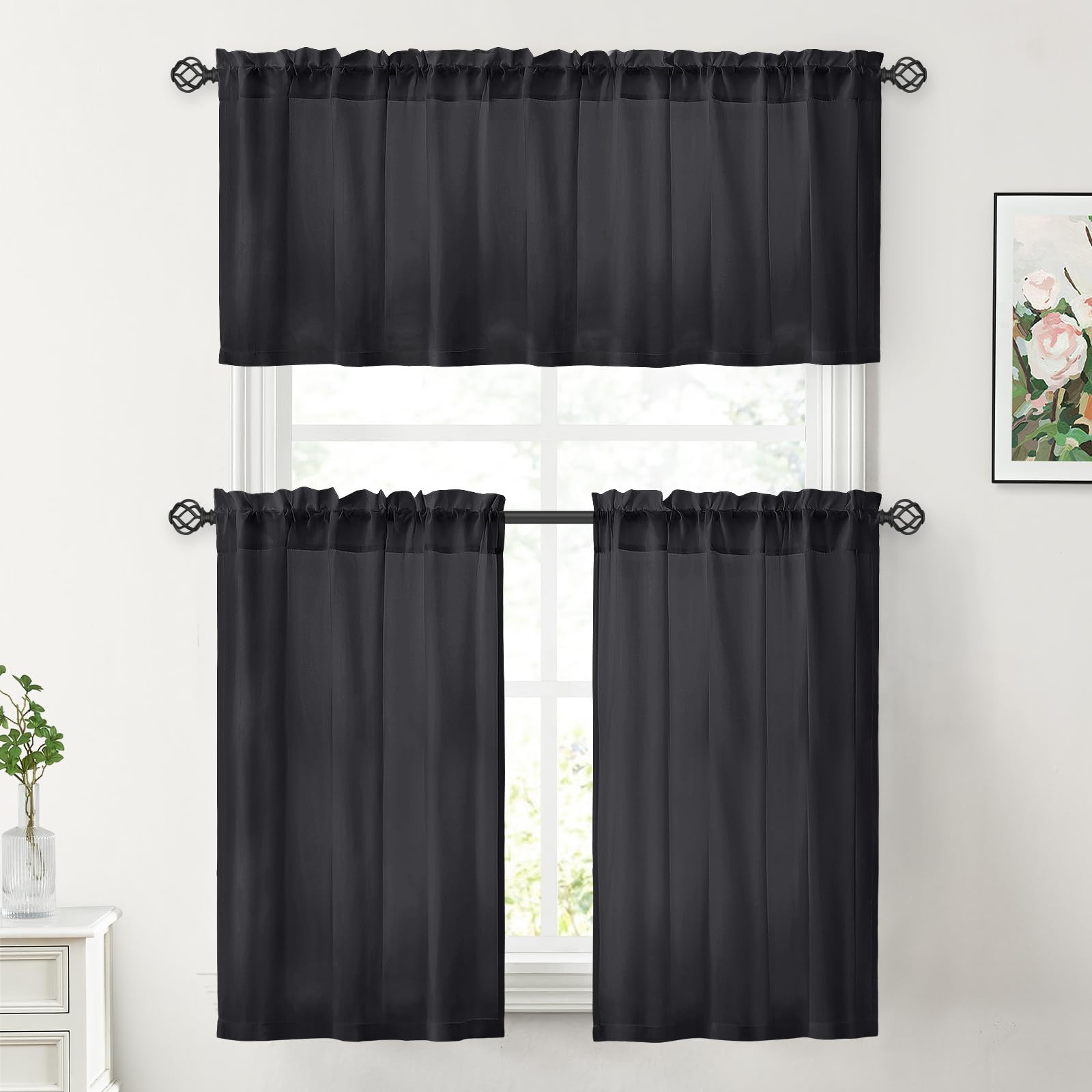 Homeideas Non-See-Through Black Privacy Sheer Kitchen Curtains 30 X 36 Inches Long 2 Panels Short Sheer Curtains Light Filtering Bathroom Window Curtains Drapes For Bedroom Living Room
