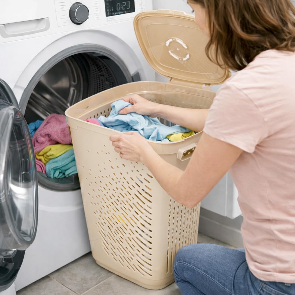 Nayasa Plastic Laundry Basket with Lid  50 Ltrs | Ventilated Clothes Hamper with EasyGrip Handles | Clothes & Toy Storage Orga