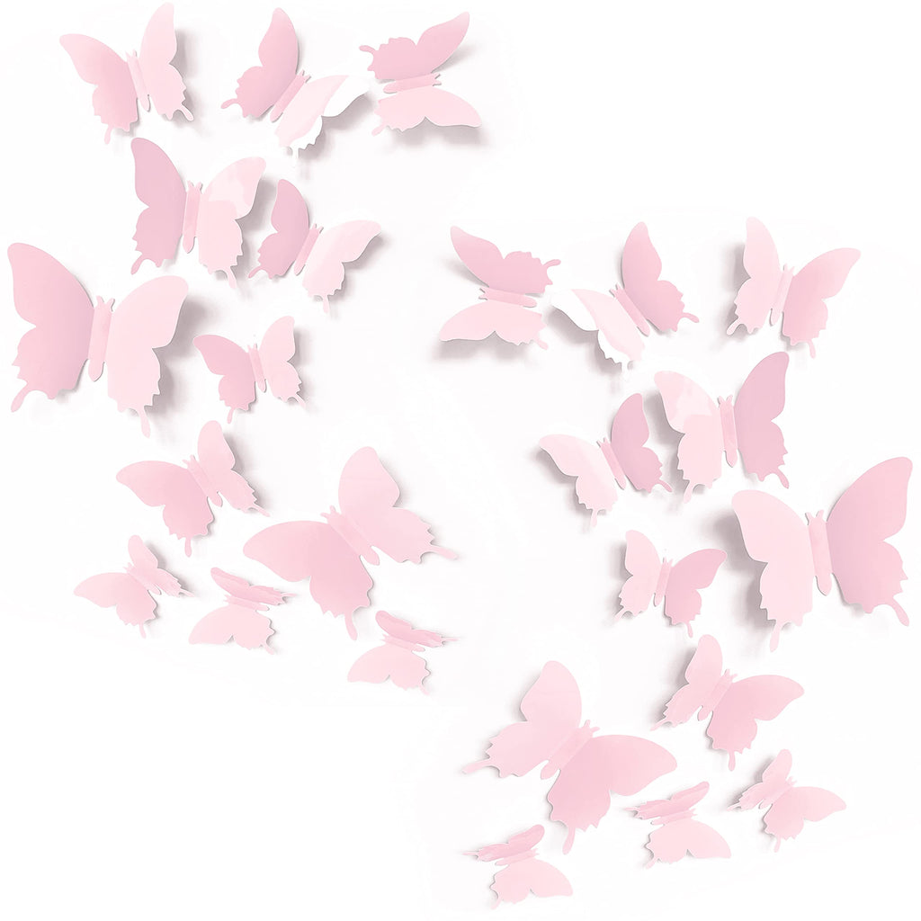 Cute Pink Butterfly Wall Decor 24 Pcs, Girls Room Wall Decals, Danish Pastel Aesthetic Butterflies Stickers For Nursery Decorati