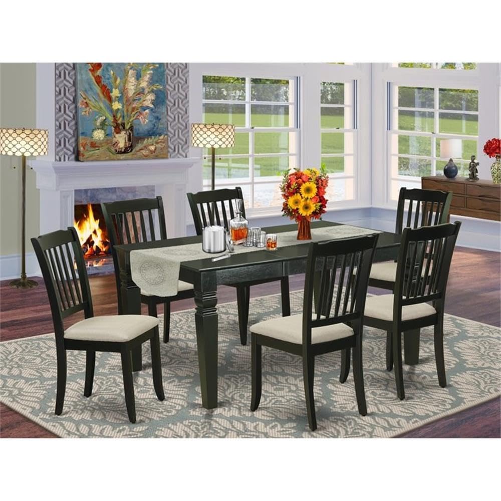 East West Furniture WEDA7-BLK-C 7 Piece Dinette Set Consist of a Rectangle Dining Room Table with Butterfly Leaf and 6 Linen Fabric Upholstered Dining Chairs, 42x60 Inch, Black