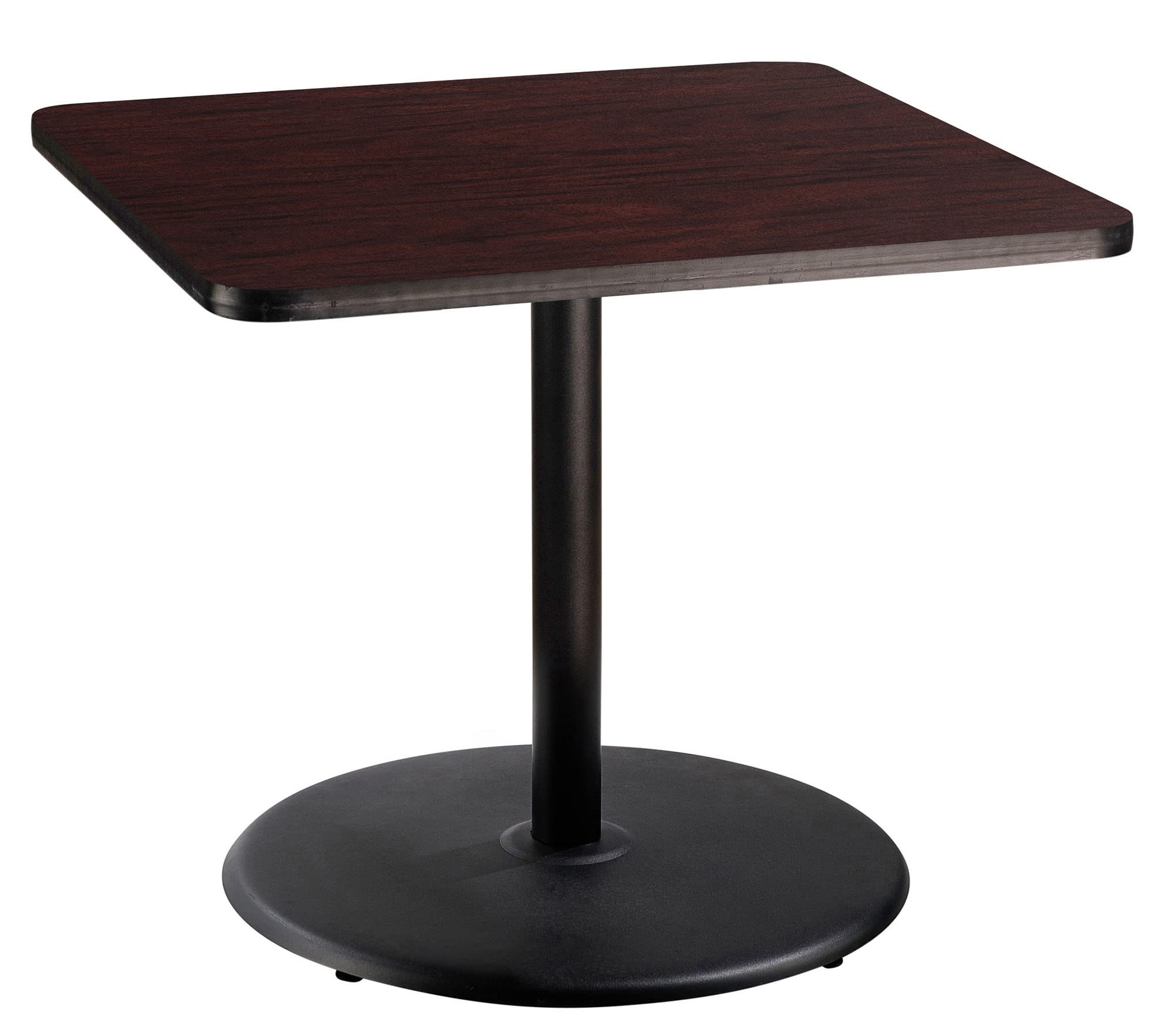 National Public Seating Nps 36&Quot; Square Cafe Table With Round Base, 30&Quot; Height, Particleboard Core/T-Mold, Mahogany Top, Black Frame