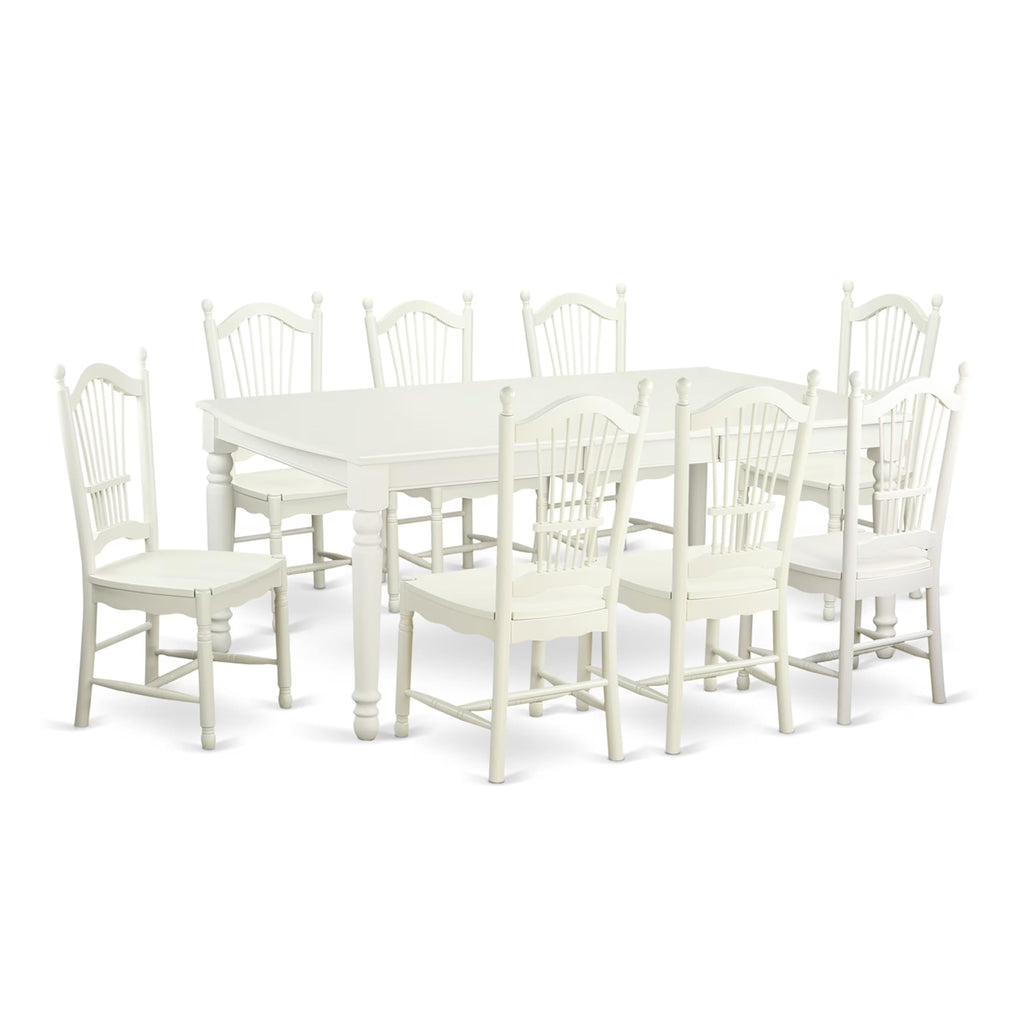East West Furniture DOVE9-LWH-W 9 Piece Dining Room Furniture Set Includes a Rectangle Wooden Table with Butterfly Leaf and 8 Kitchen Dining Chairs, 42x78 Inch, Linen White