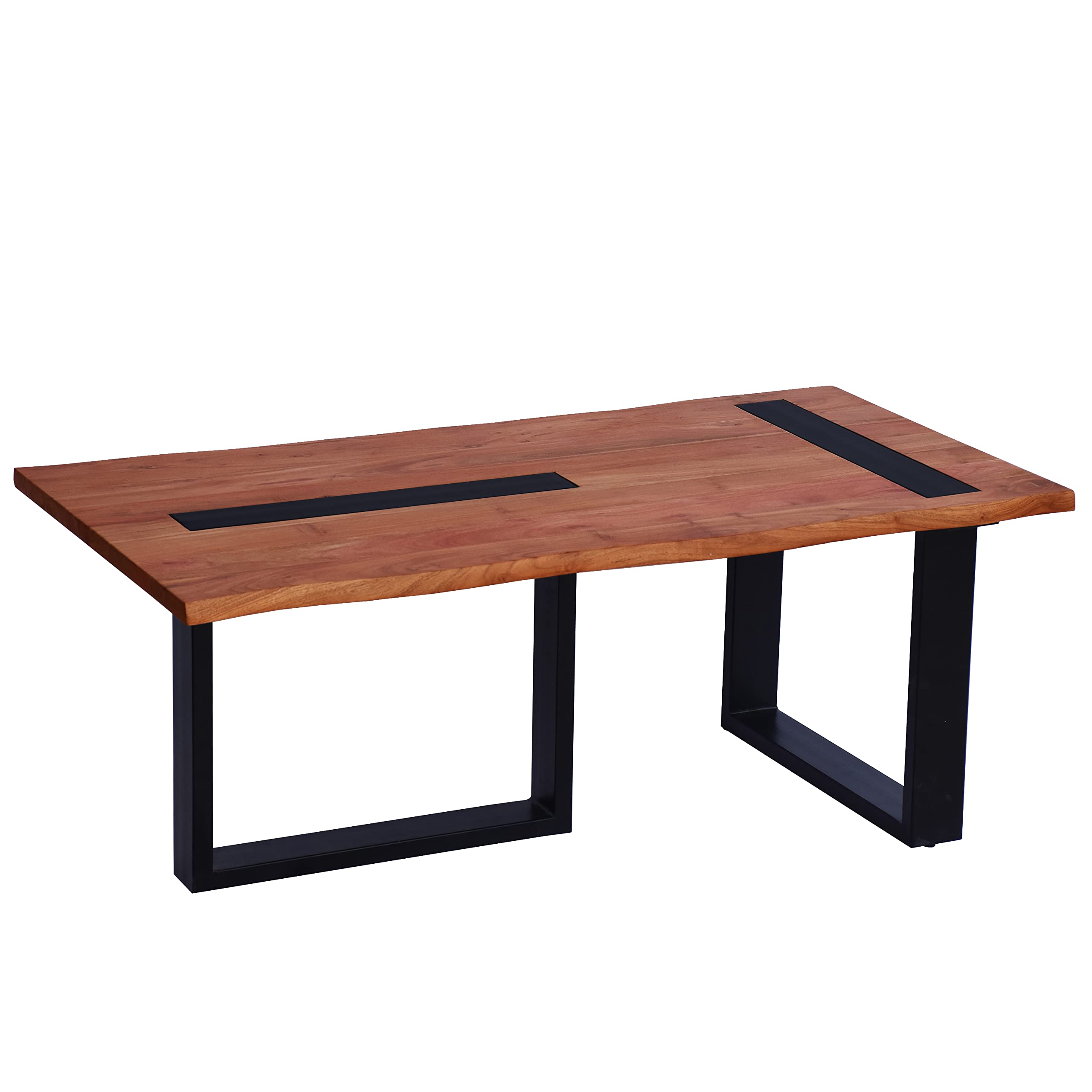 The Urban Port Fiona 45-Inch Farmhouse Coffee Table Acacia Wood, Rectangular, Metal Frame, Natural Brown and Black