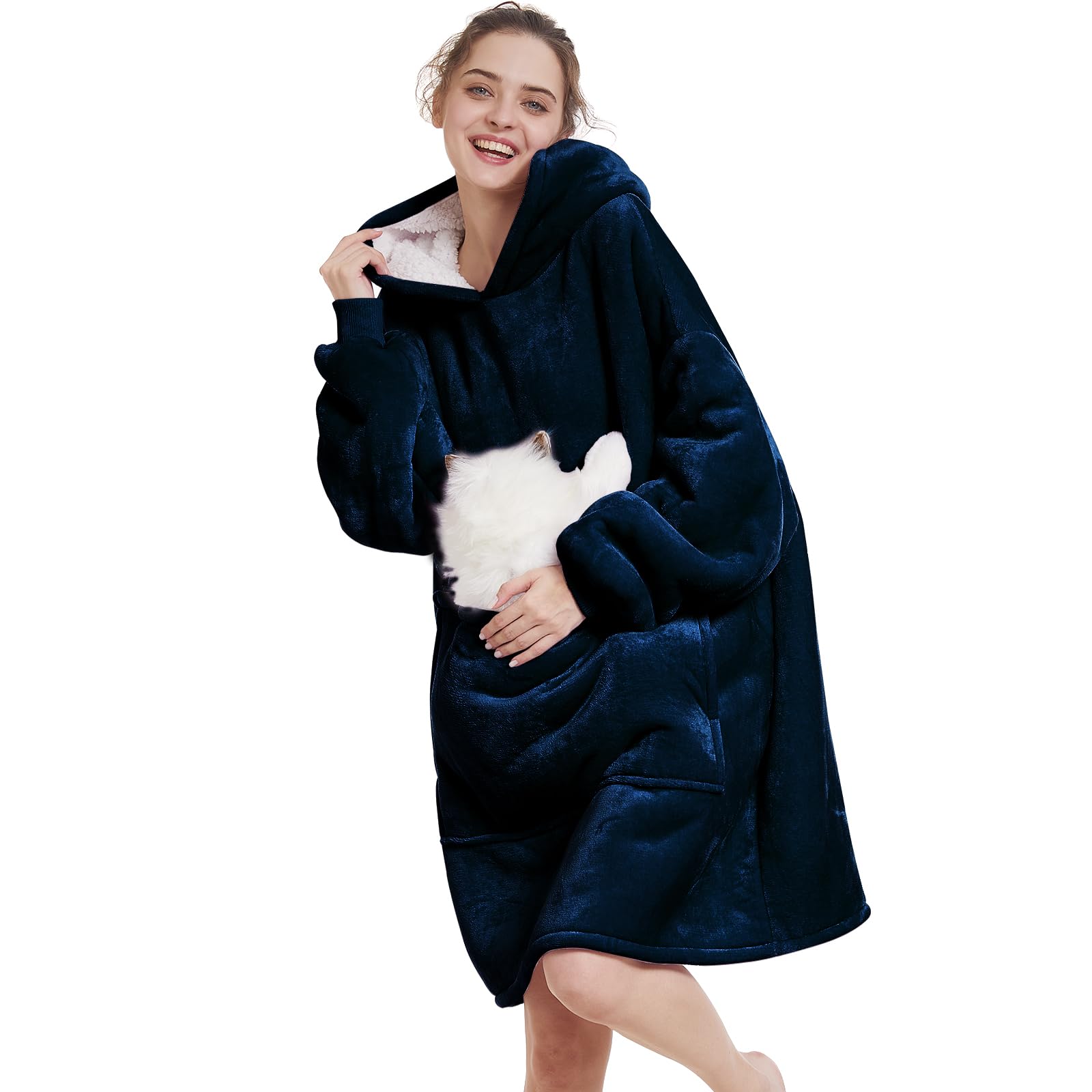 Aemilas Wearable Blanket Hoodie - Sherpa Blanket Sweatshirt As Gifts For Men Dad,Cozy Warm Hooded Blanket With Giant Pocket(Navy