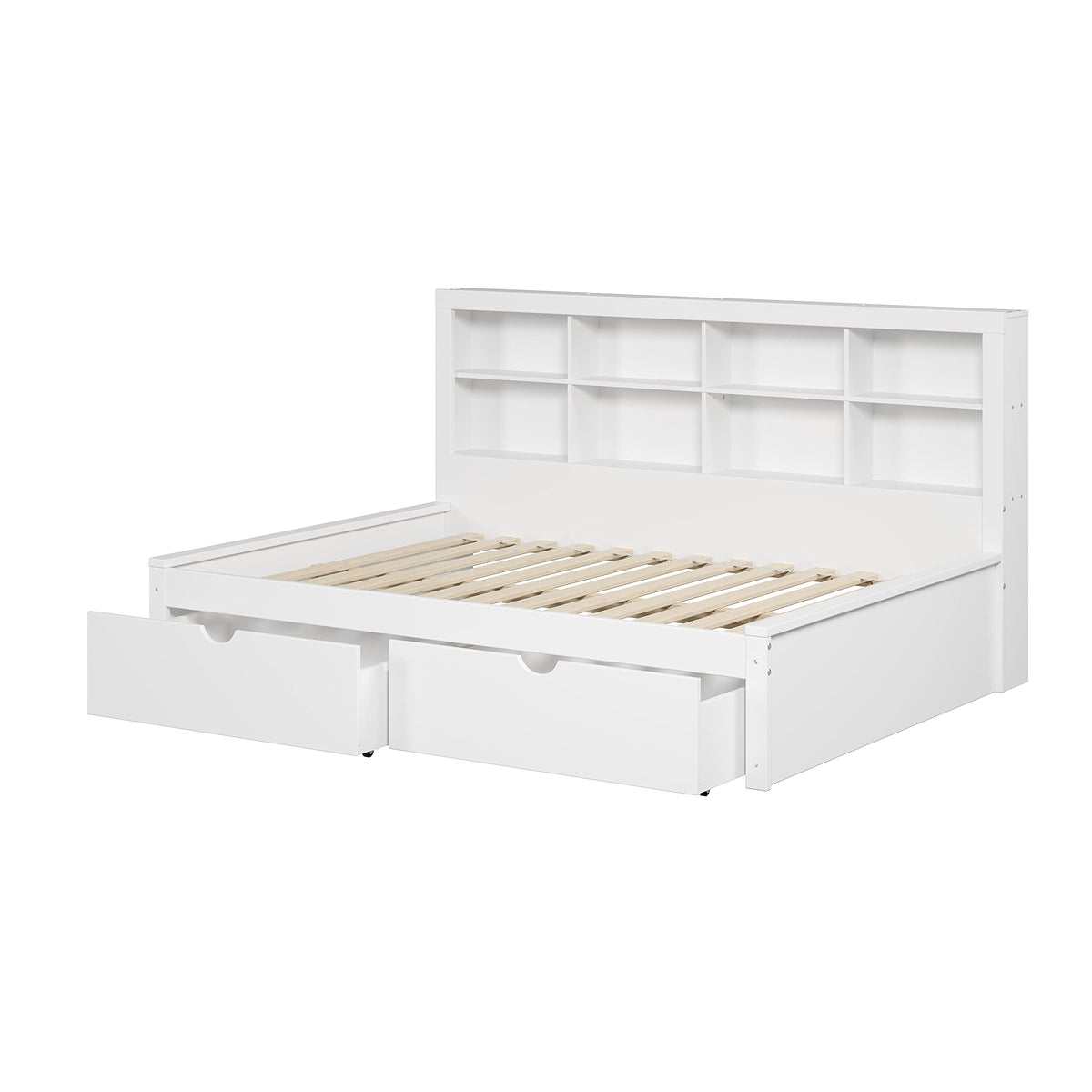 Donco Kids Equable Modern Full Bookcase Daybed In White Finish With White Dual Underbed Drawers