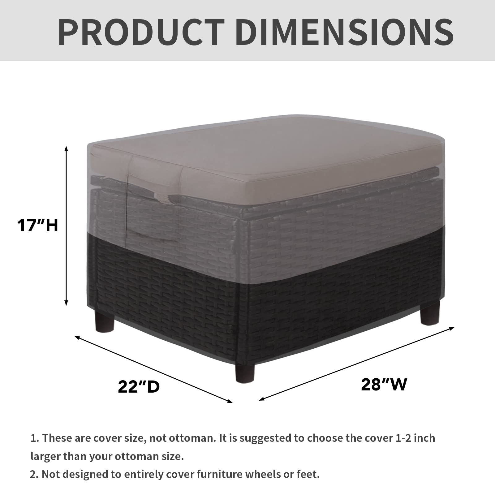 Easy-Going Outdoor Ottoman Cover, Waterproof Patio Ottoman Cover, Heavy Duty Outdoor Furniture Cover With Padded Handles (28'X22'X17', Gray/Black)