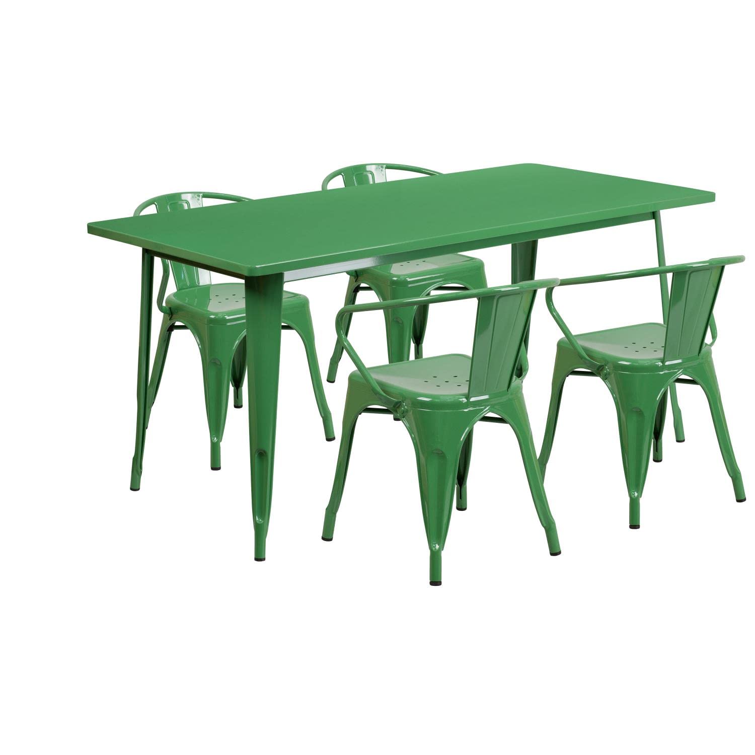 Flash Furniture Commercial Grade 31.5" x 63" Rectangular Green Metal Indoor-Outdoor Table Set with 4 Arm Chairs
