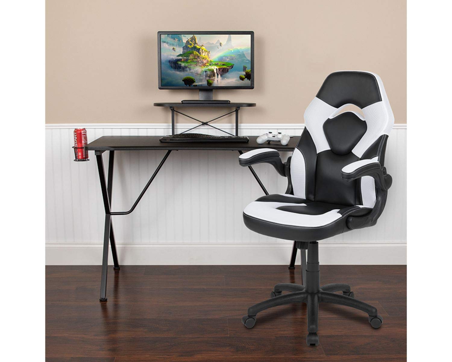 Flash Furniture Black Gaming Desk And White/Black Racing Chair Set With Cup Holder, Headphone Hook, And Monitor/Smartphone Stand