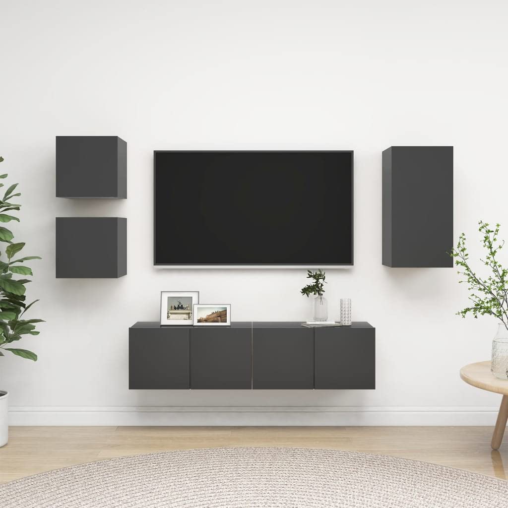 vidaXL TV Cabinet Set 5 Piece Home Indoor Living Room Hanging Wall-Mounted Stereo Plasma HiFi Cabinet TV Stand Unit Furniture Gray Engineered Wood