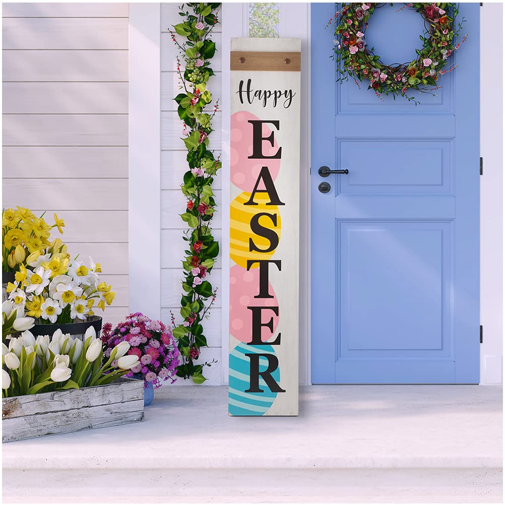 Glitzhome Wooden Happy Easter Sign For Front Porch Door Rustic Farmhouse Style Hanging Welcome Porch Sign With Colored Eggs Prim
