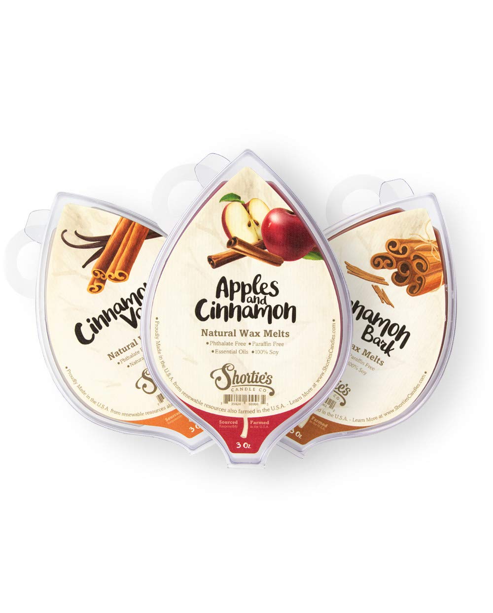 Natural Cinnamon Spice Soy Wax Melts Variety Pack - 3 Highly Scented 3 Oz. Bars - Apples & Cinnamon, Cinnamon Bark, Cinnamon Van