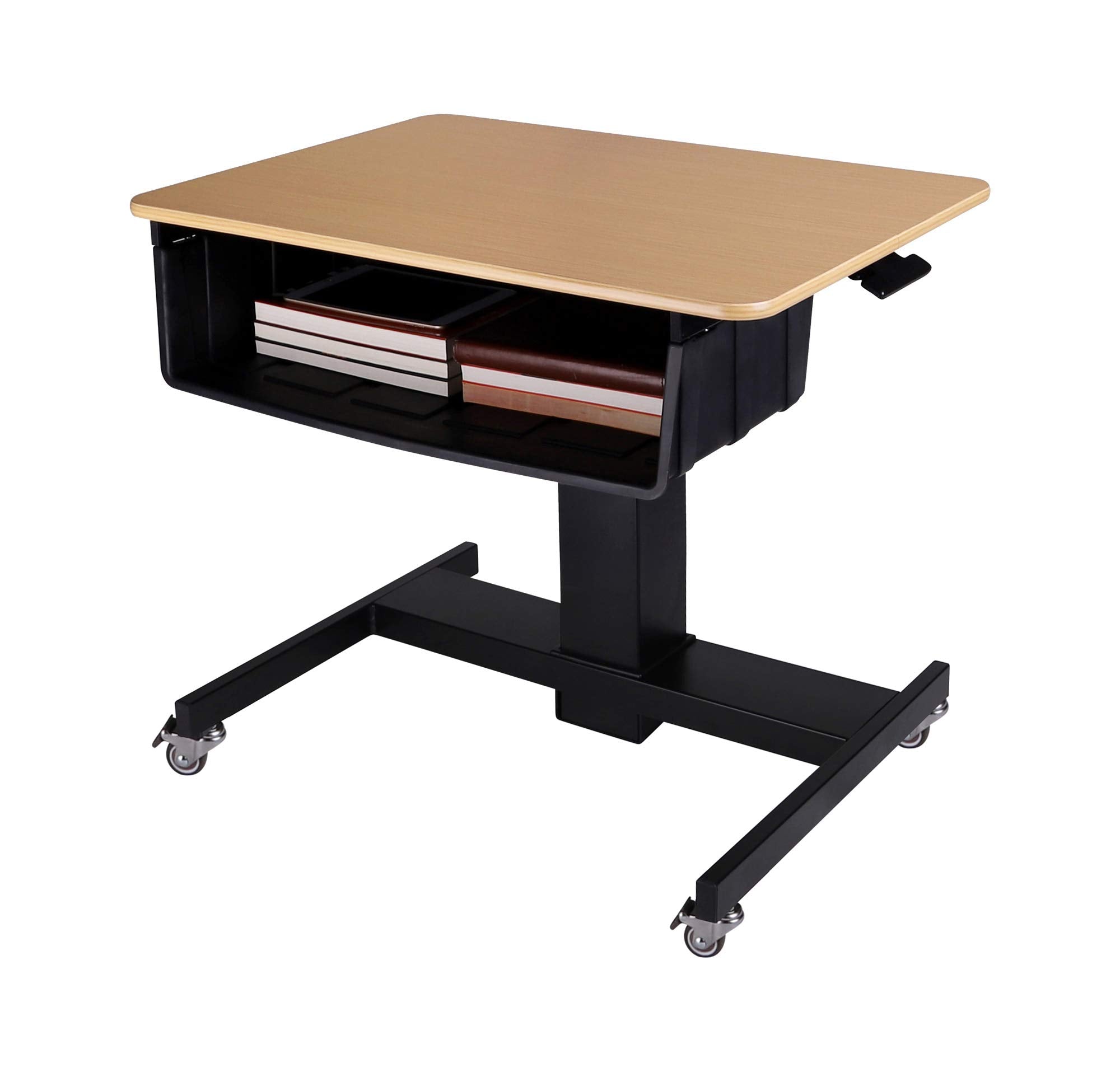Rocelco 28&quot; Height Adjustable Mobile School Standing Desk with Book Box Bundle- Quick Sit Stand Up Home Computer Workstation - Gas Spring Assist Office Laptop Riser Cart - Wood Grain (R MSD-28-BB)