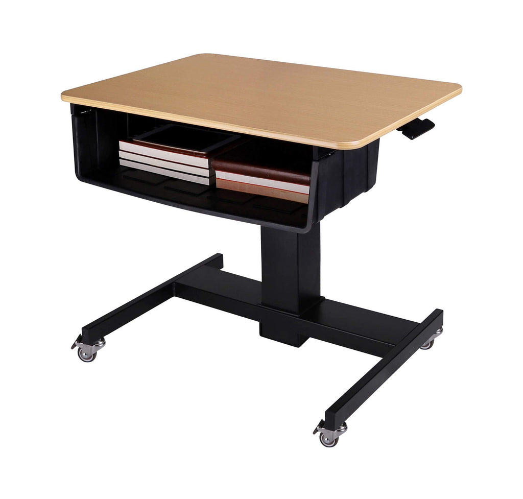 Rocelco 28" Height Adjustable Mobile School Standing Desk with Book Box Bundle- Quick Sit Stand Up Home Computer Workstation - Gas Spring Assist Office Laptop Riser Cart - Wood Grain (R MSD-28-BB)