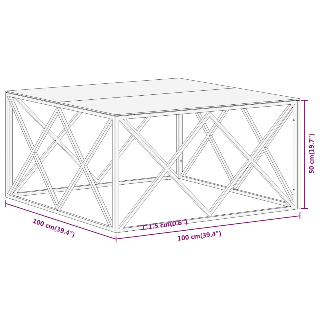 vidaXL Silver Stainless Steel and Tempered Glass Square Coffee Table Desk for Office/Living Room