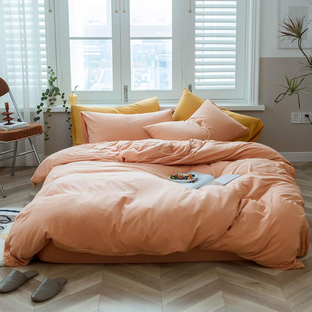 VM VOUGEMARKET Orange Duvet Cover Queen,Girls Salmon Peach Pink Duvet Cover Sets-Jersey Knit Cotton Modern Luxury Bedding Set-Qu