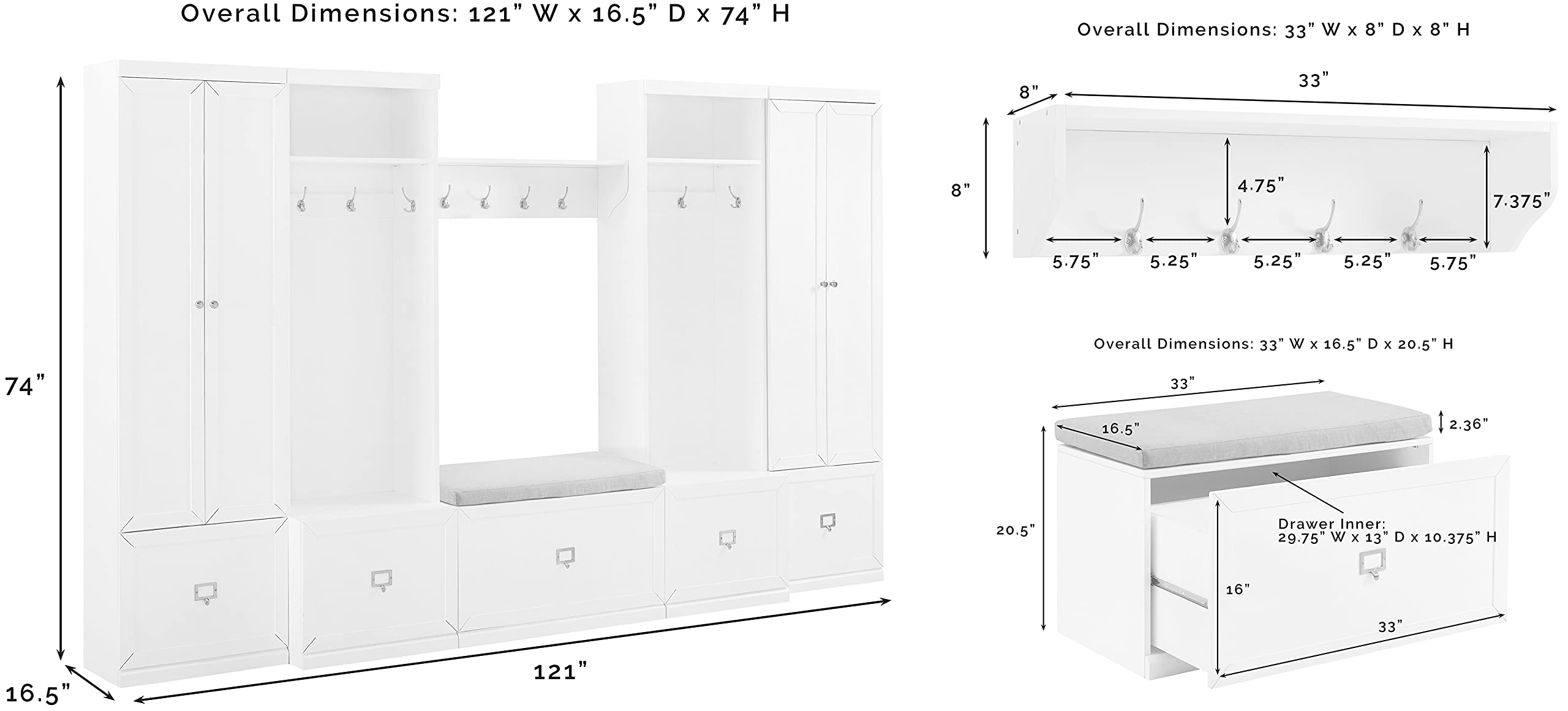 Crosley Furniture Harper 6-Piece Hall Tree, Storage Cabinet, Shoe Rack Bench, And Wall Shelf Set With Hooks, White