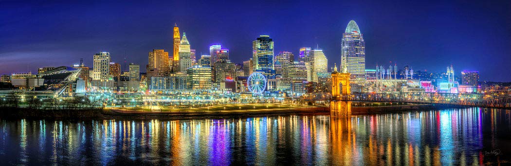 Cincinnati Skyline Evening Poster Print UNFRAMED Color Cincy Downtown 11.75 inches x 36 inches Bengals Archival Photographic Pan
