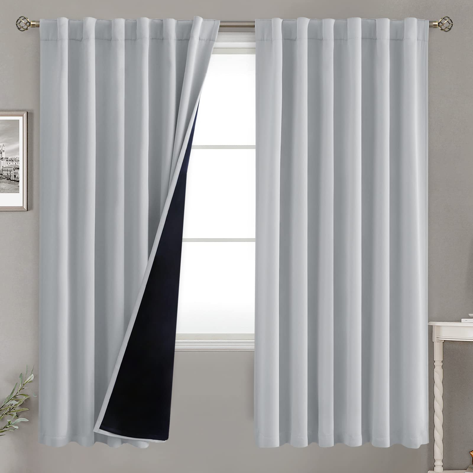 Bgment Light Grey 100% Blackout Curtains 72 Inches Long With Black Liner, Rod Pocket And Back Tab Double Layer Full Room Darkeni