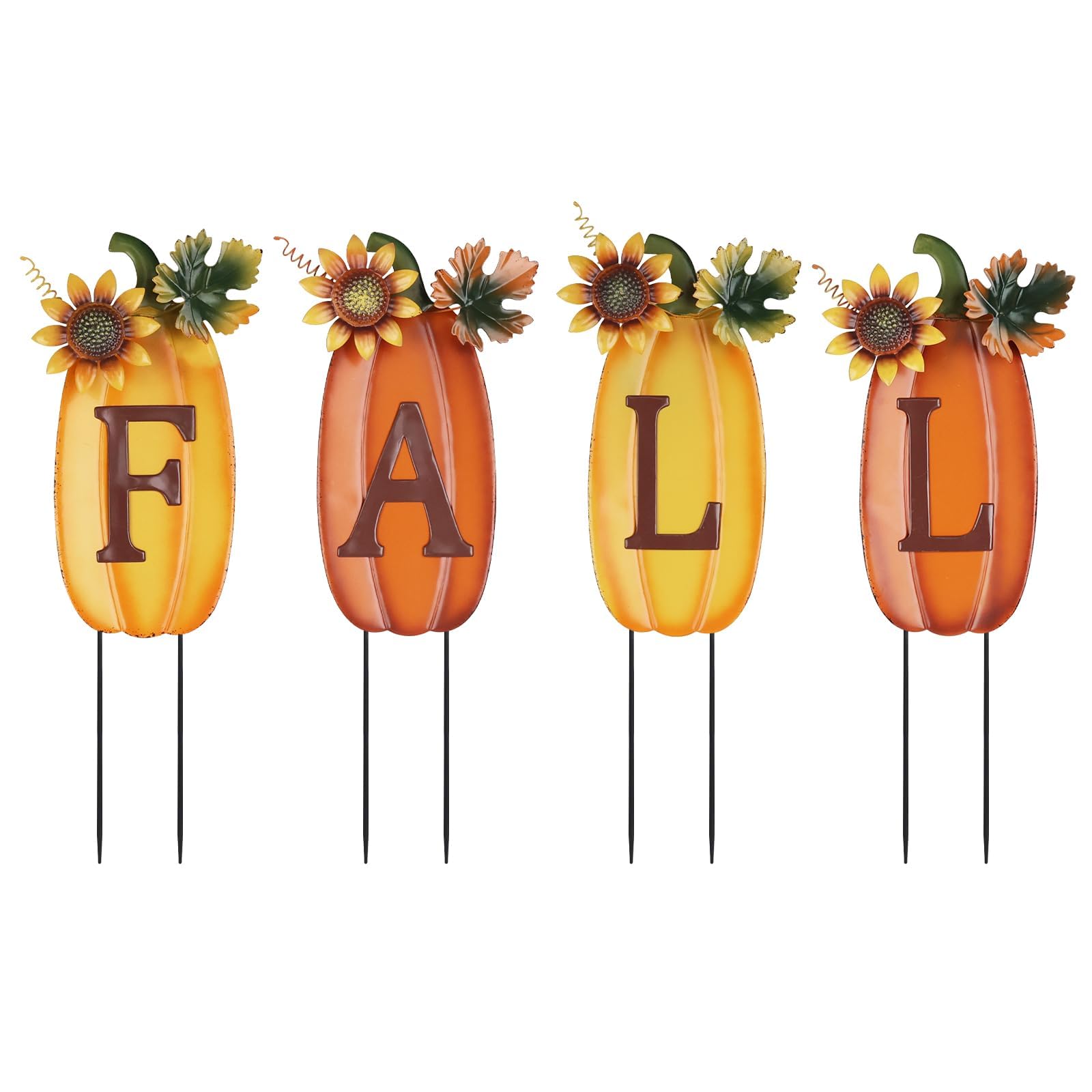 Hogardeck Outdoor Fall Thanksgiving Decorations For Home, 4 Pcs Metal Pumpkin Decorative Garden Stakes With Sunflowers For Fall