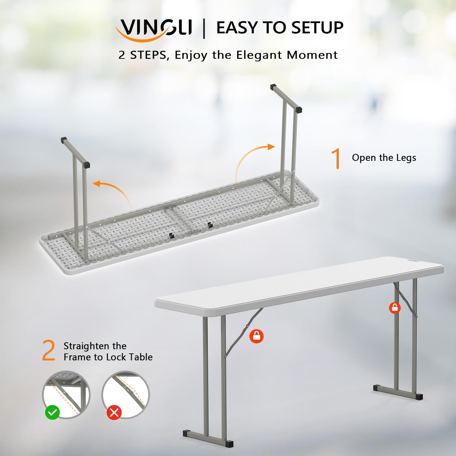 Vingli 6 Ft Narrow Folding Table,Premium Quality Hdpe Material And Sturdy Metal Frame, Perfect For Buffet, Seminar, Party, Training, Home Work, White