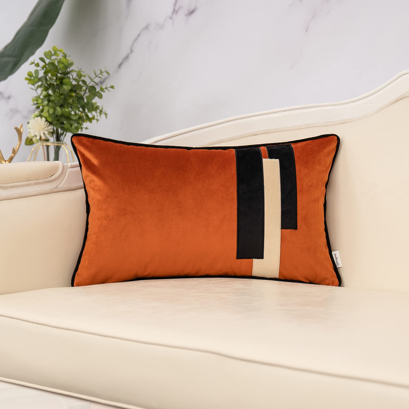 Yangest Burnt Orange Decorative Velvet Lumbar Throw Pillow Cover Striped Patchwork Cushion Case Modern 12X20 Inch Pillowcase For