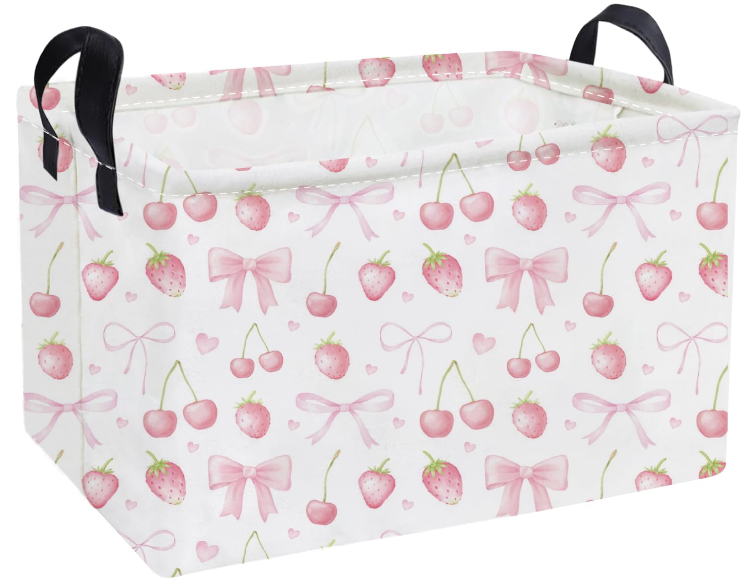 Essme Rectangular Kids Baskets,Girls Storage Basket Pink Bins with Handles for Strawberry Room Decor, Cherry Storage Bin(Strawbe