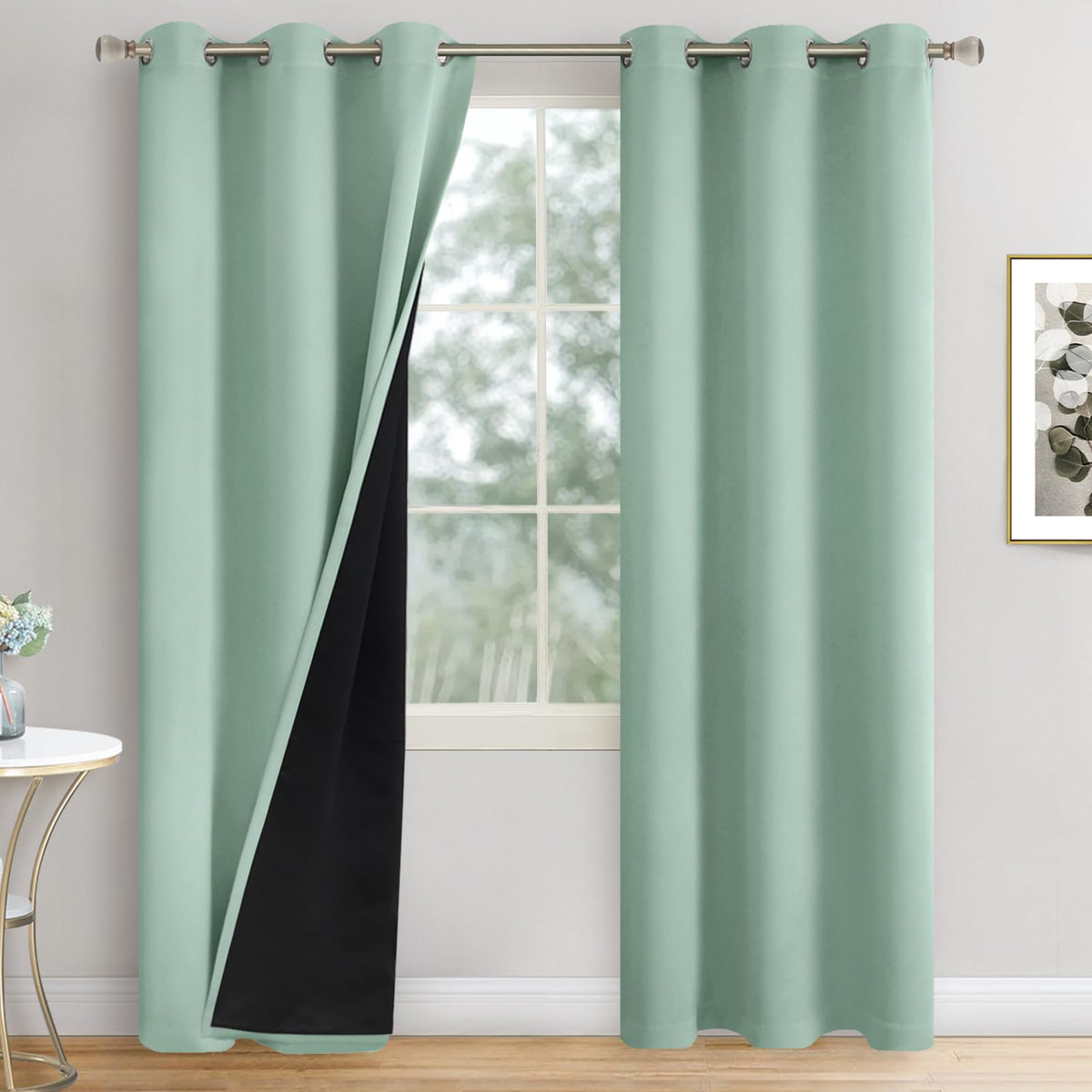 Quemas Frosty Green Blackout Curtains For Bedroom 84 Inch Length 2 Panels, Thermal Insulated 100% Light Blocking Soundproof Grom