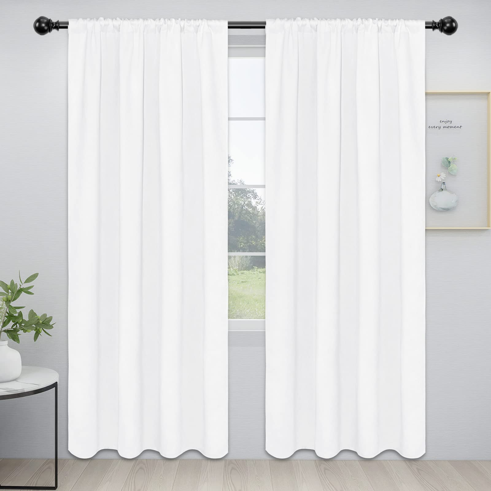Easy-Going Rod Pocket Blackout Curtains For Bedroom, Room Darkening Window Curtains For Living Room, Thermal Insulated Noise Reduction Solid Window Drapes, 2 Panels(52X84 In, White)