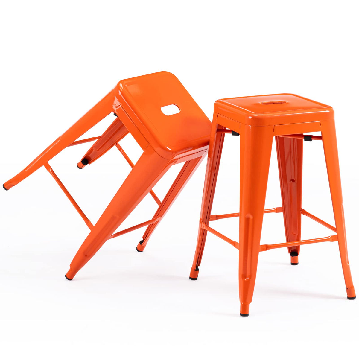 Vogue Furniture Direct 24' Bar Stools Backless Metal Barstools Indoor-Outdoor Counter Height Stools With Square Seat, Set Of 2 (Orange)