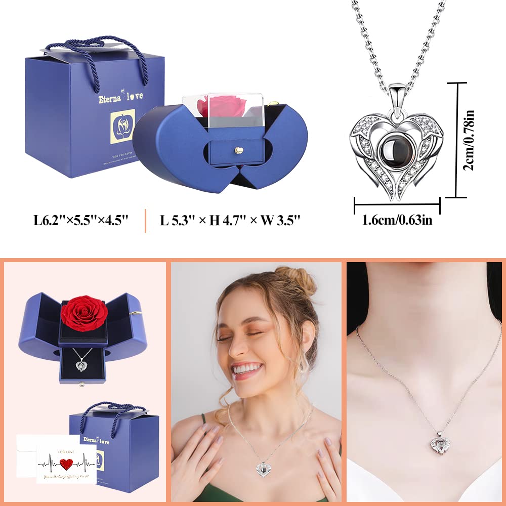 Preserved Red Real Rose Box With I Love You In 100 Languages Necklace,Gifts For Girlfriend/Women/Mom/Wife/Best Friend On Valenti