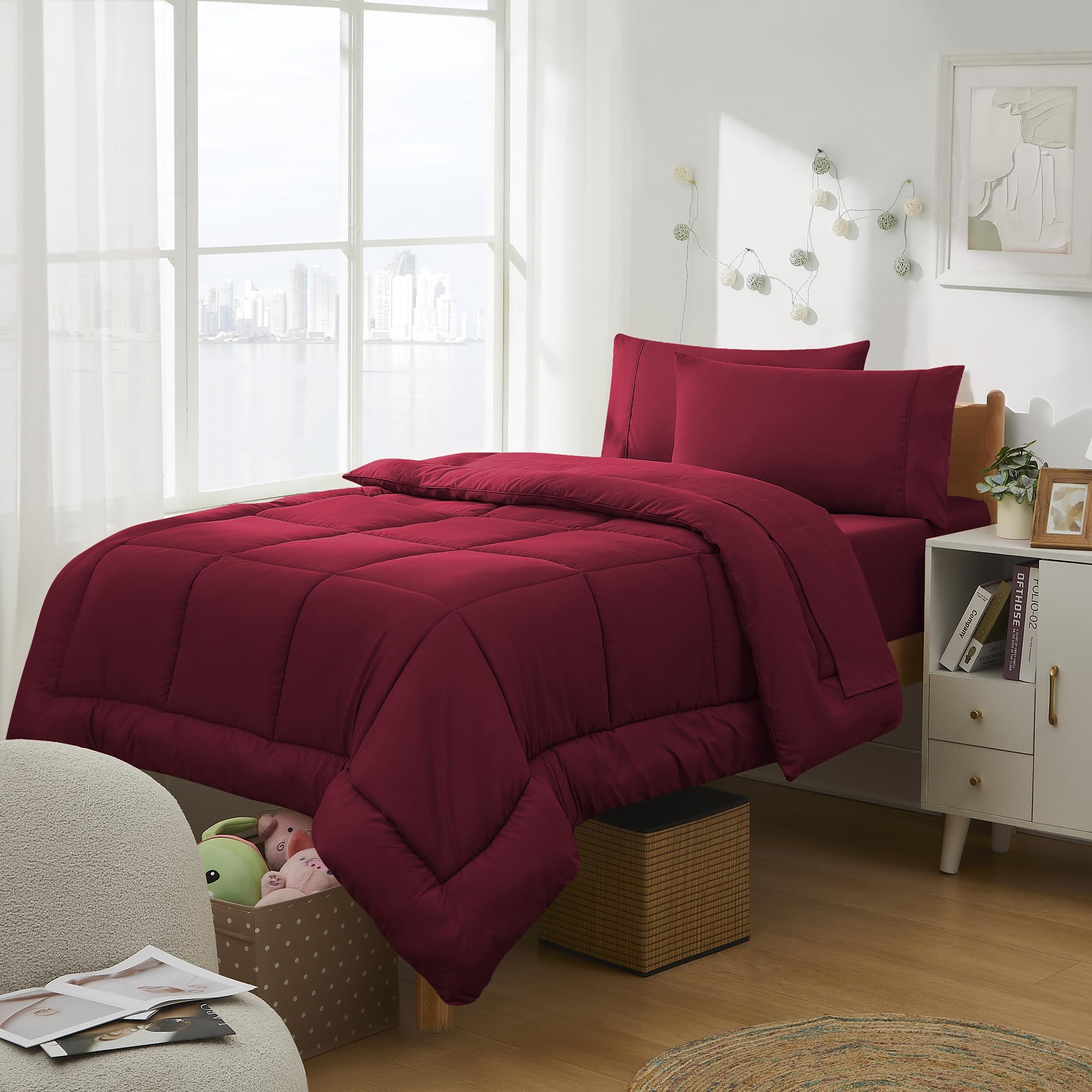 Dorm Room Essentials College Bedding Comforter Set 5 Piece Twin Size Bed In A Bag For College Students Boys And Girls, Twin, Red