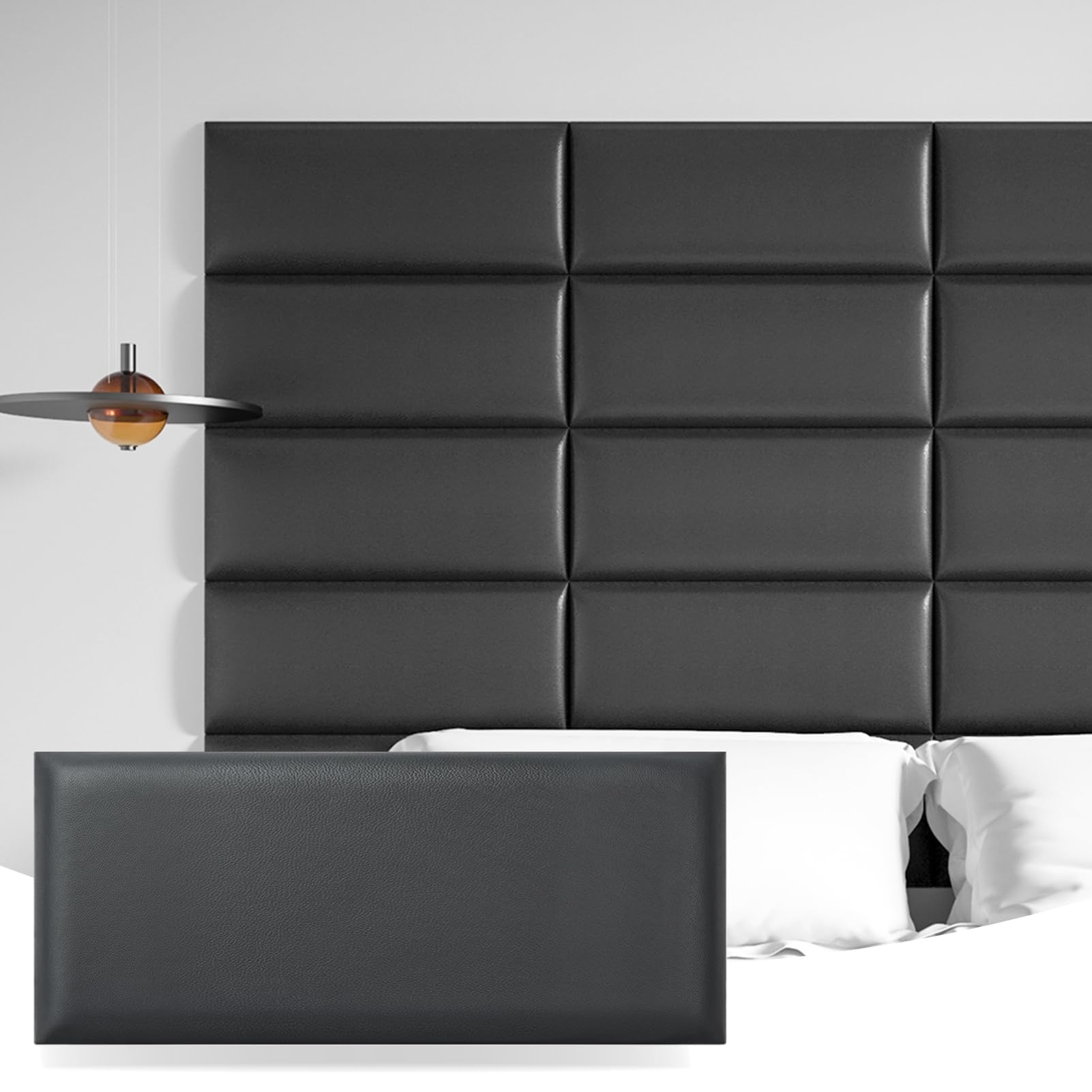 Art3d Peel and Stick Headboard for Twin in Black, Pack of 6 Panels Sized 9.84 x 23.62, Soundproof Wall Panels 3D, Upholstered Wa