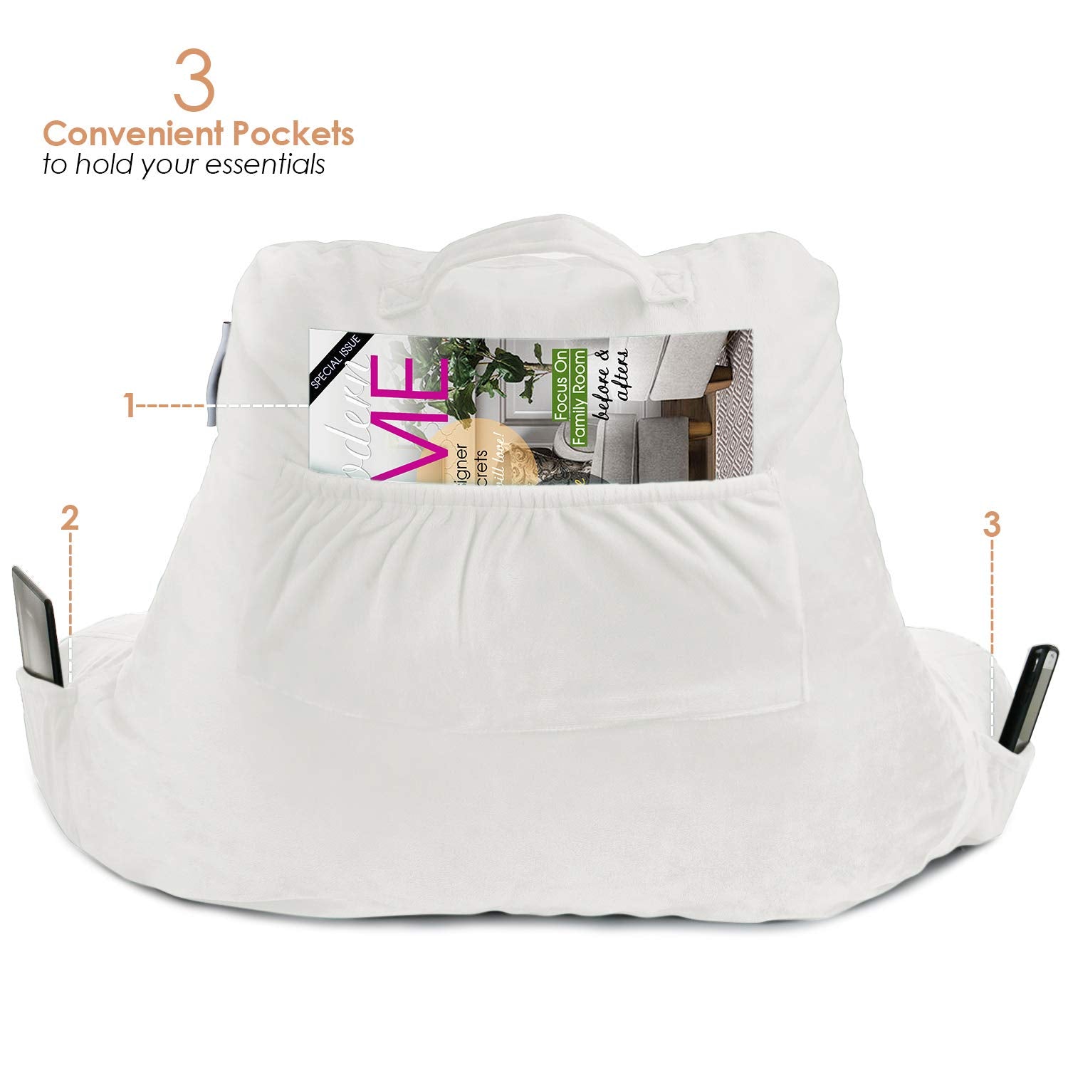 Nestl Reading Pillow Standard Bed Pillow, Back Pillow For Sitting In Bed Shredded Memory Foam Chair Pillow, Reading & Bed Rest Pillows White Back Pillow For Bed, Bed Chair Arm Pillow With Pockets