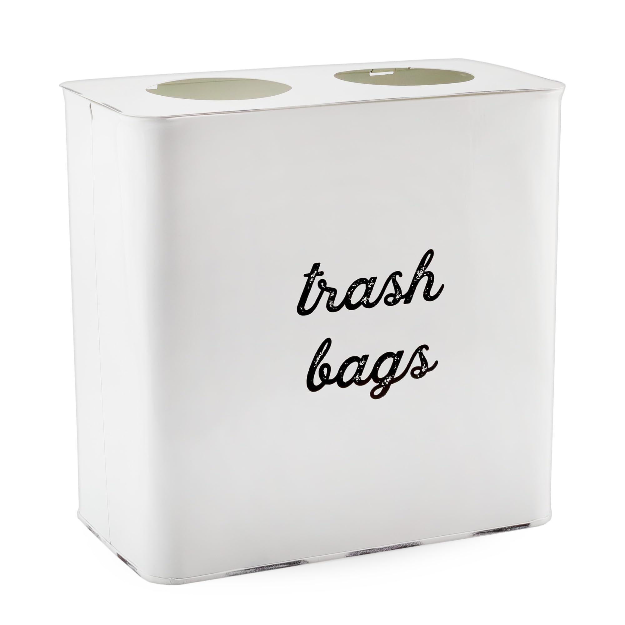 AuldHome Farmhouse Trash Bag Holder (White); Rustic Enamelware Garbage Bag Dispenser