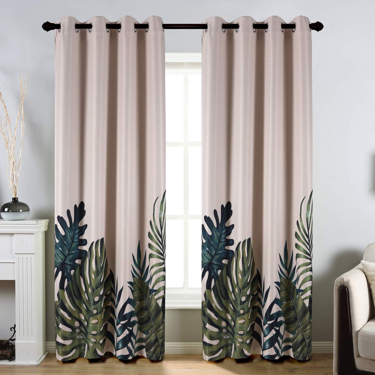 Taisier Home Palm Leaves Print Exotic Style Nature Artwork,2 Panels Fashion Grommet Top Thermal Insulated Room Darkening Curtain