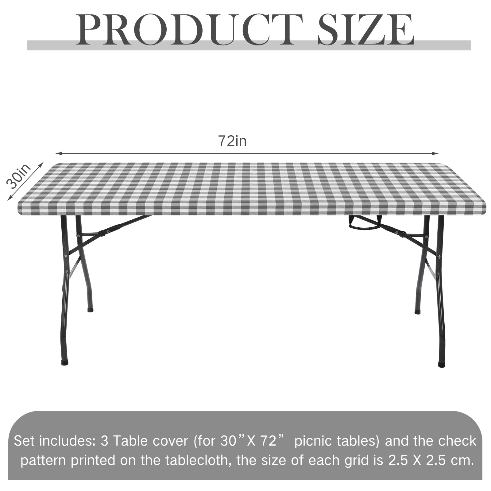 3 Pcs Plastic Picnic Table Cover Checkered Tablecloth Fitted Rectangular Table Cloth 30 X 72 Inch Vinyl Waterproof Flannel Backed With Elastic Rim For Indoor Outdoor Picnic Party(Gray And White)